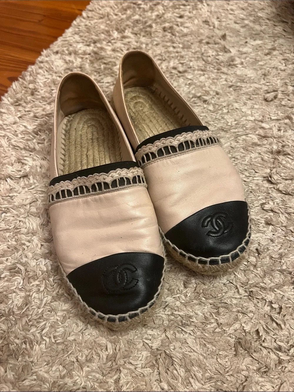 CHANEL Two-Tone Leather Espadrilles in Cream and Black with Lace Trim